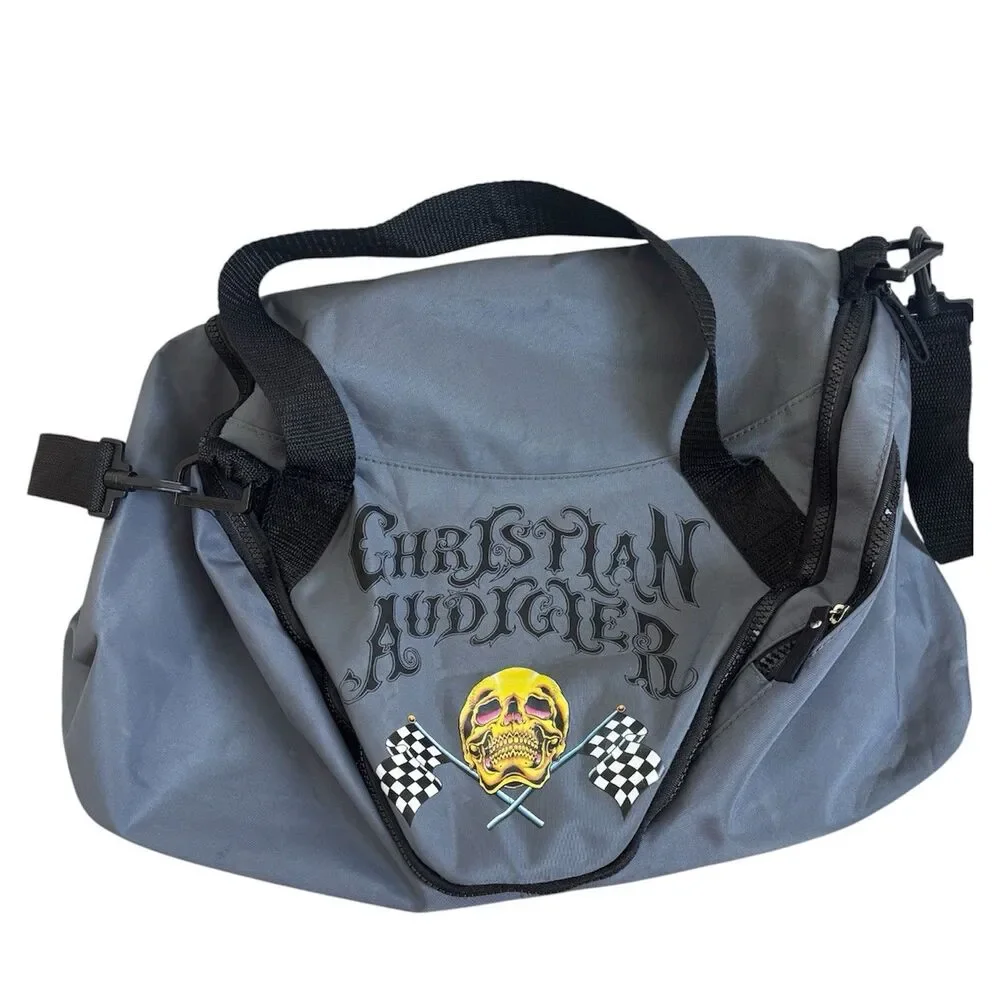 CHRISTIAN AUDIGIER / Ed Hardy Gray Duffle Bag Skull Racing Checkered Flag NWT